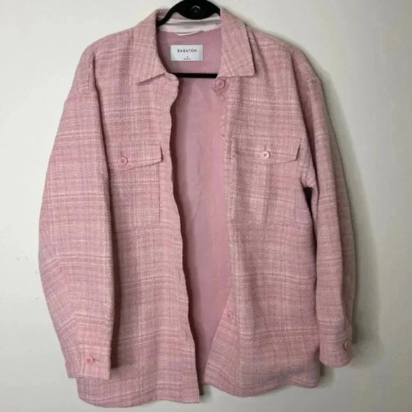BABATON Aritzia Shacket Joan Shirt Jacket Oversized Linen Tweed Pink Plaid 2 - Picture 5 of 16